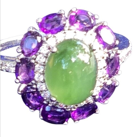 925 Sterling Silver Ring Sz 9 with Natural Jade 8x10mm & Amethyst Gems - Picture 7 of 7